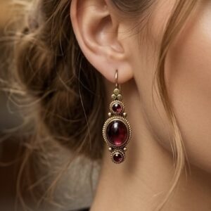 Brincos Granada Cabochon Ouro 22k em Prata 925